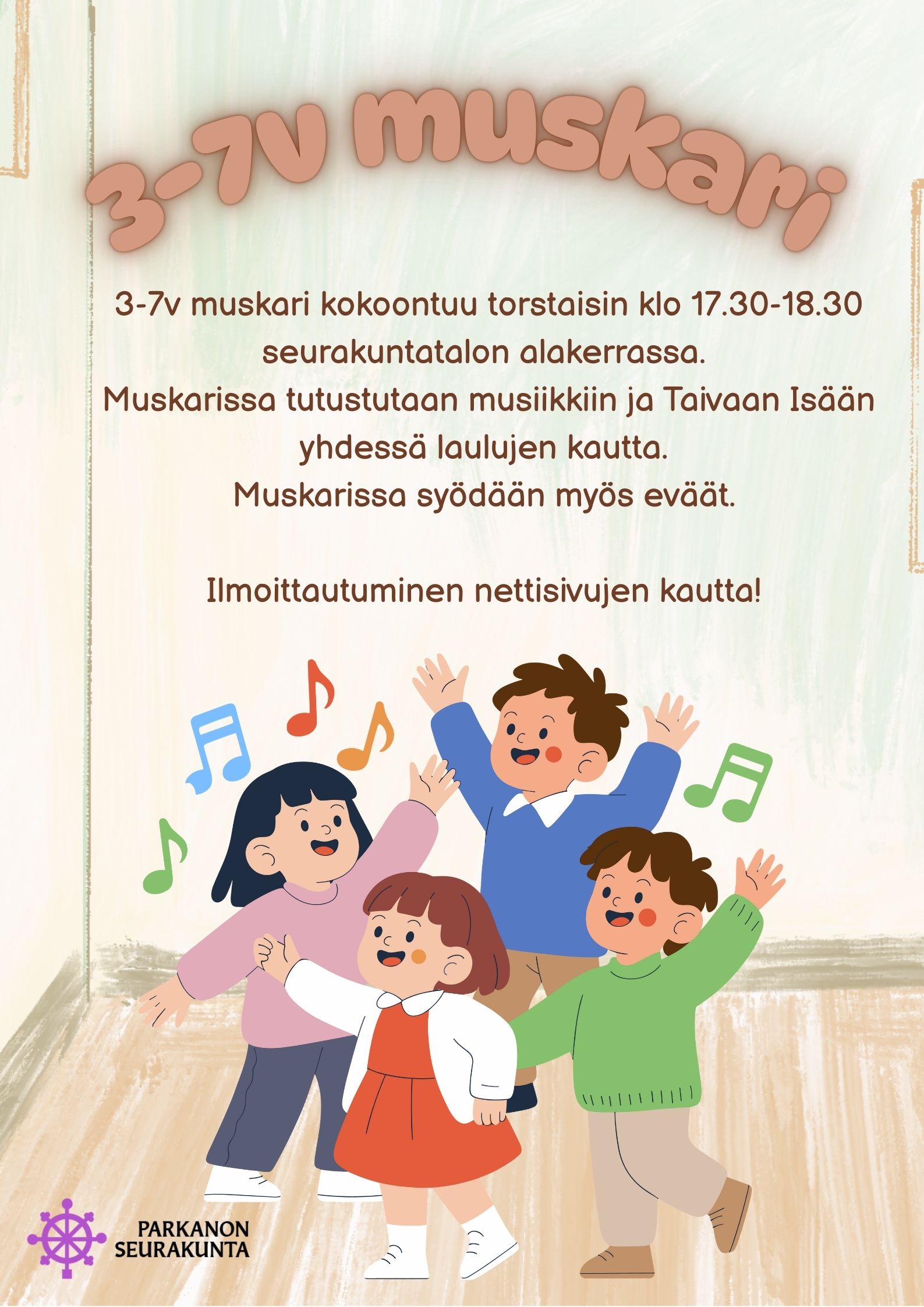 Piirroskuva, jossa lapset laulavat piirissä lattialla. 
3-7v muskari mainos.