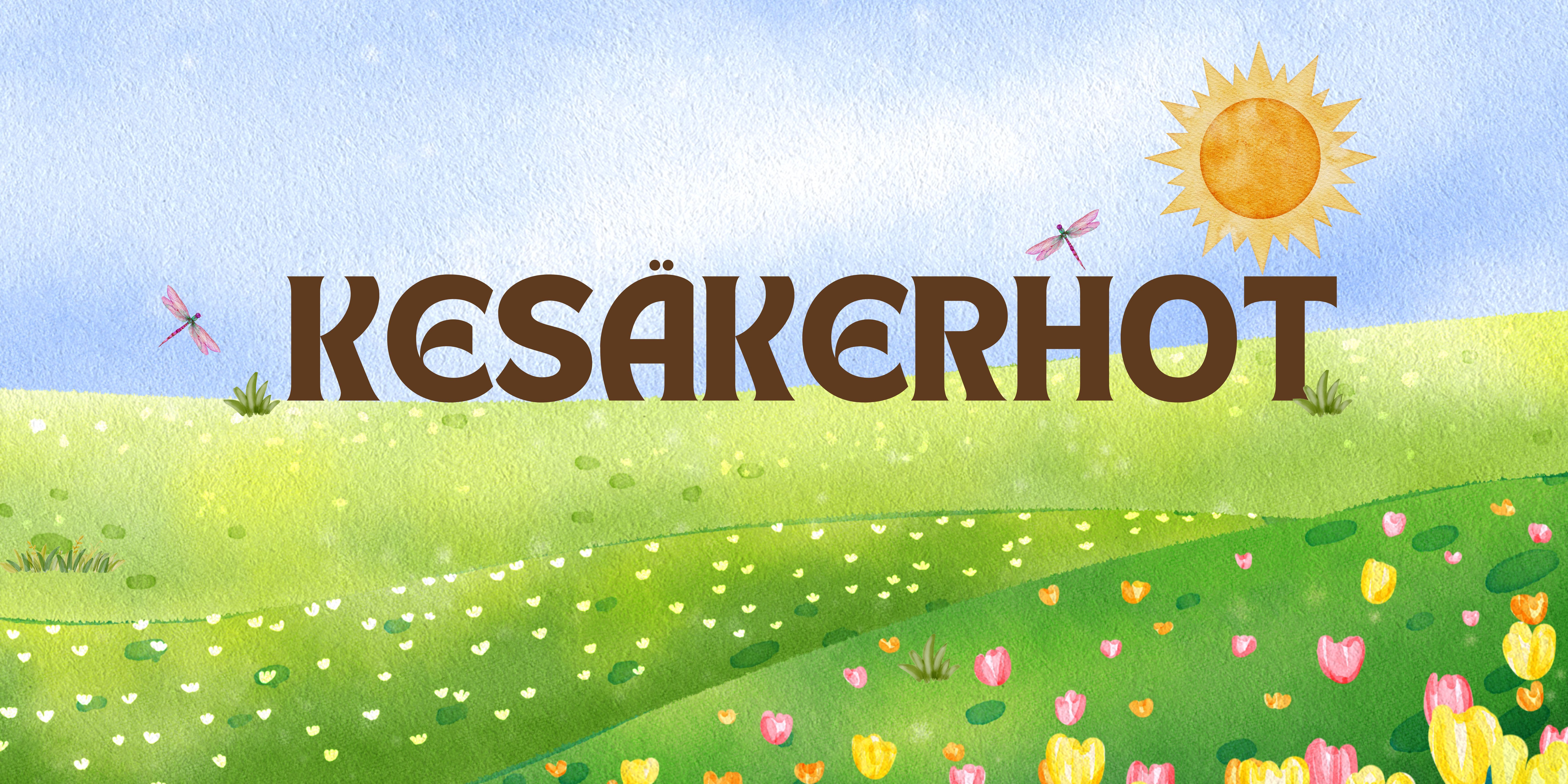 Kesäinen niittymaisema ja teksti: kesäkerhot