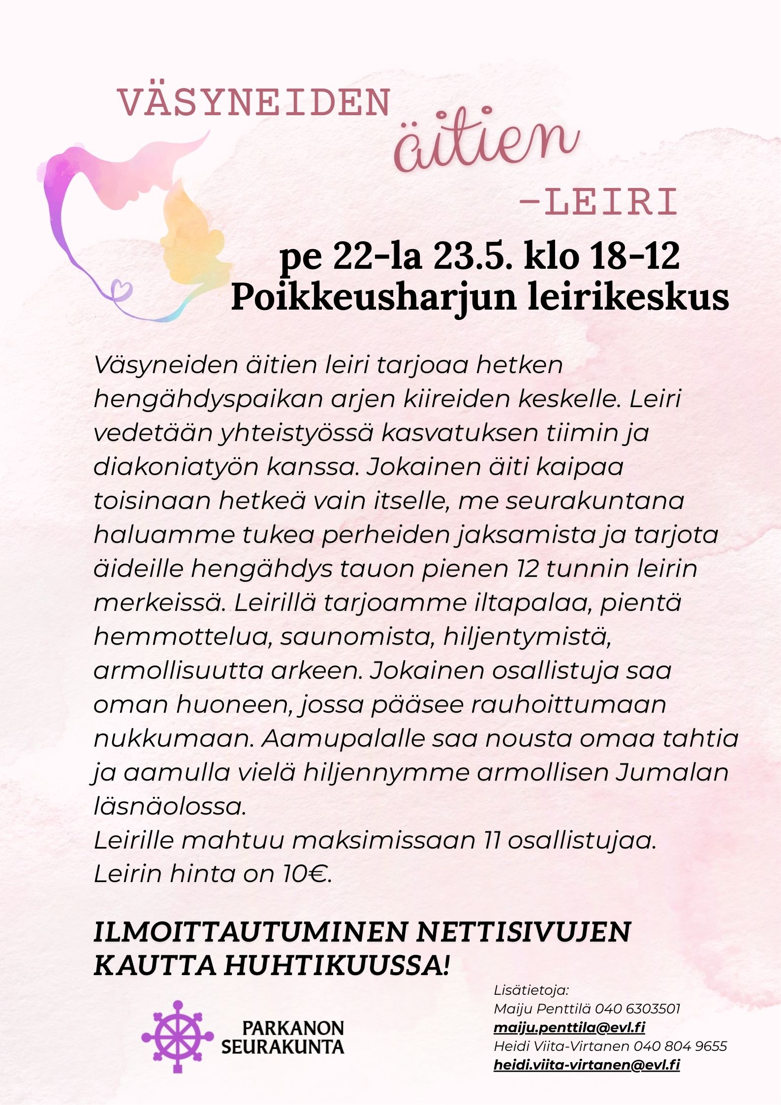 Väsyneiden äitien -leiri mainos. Mainoksen yläreunassa värikäs siluettikuva äidistä ja lapsesta.
