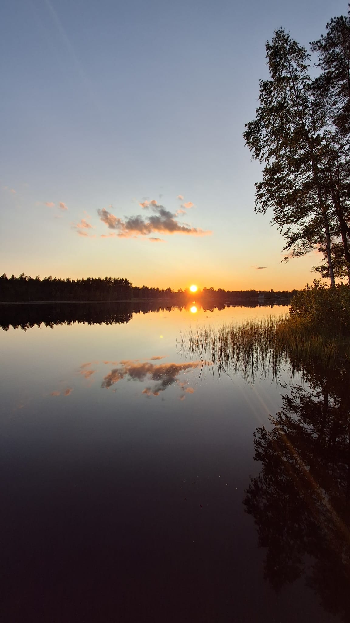 Auringonlasku Poikkeusharjun järvenrannalla.